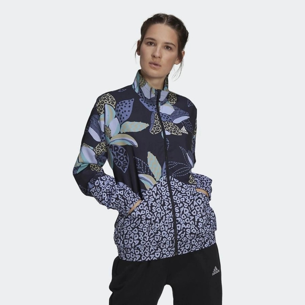 Adidas x The Farm Company Women Floral Leopard Print Track Jacket Blue Black S